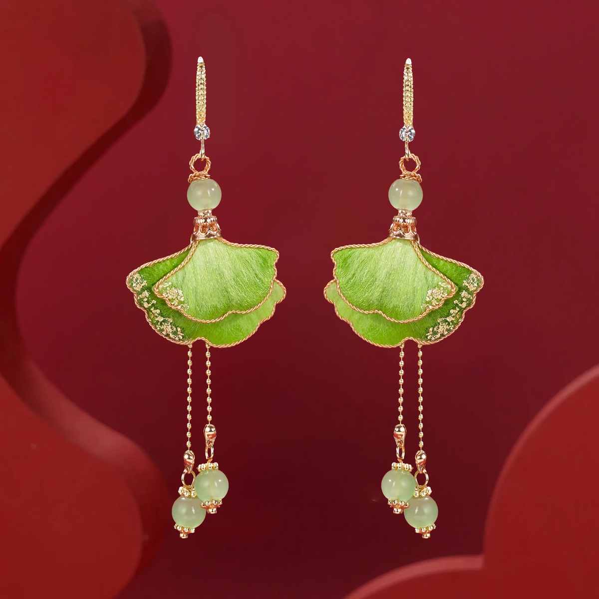 Jade Green Ginkgo Ronghua earrings with layered leaves and bead tassels