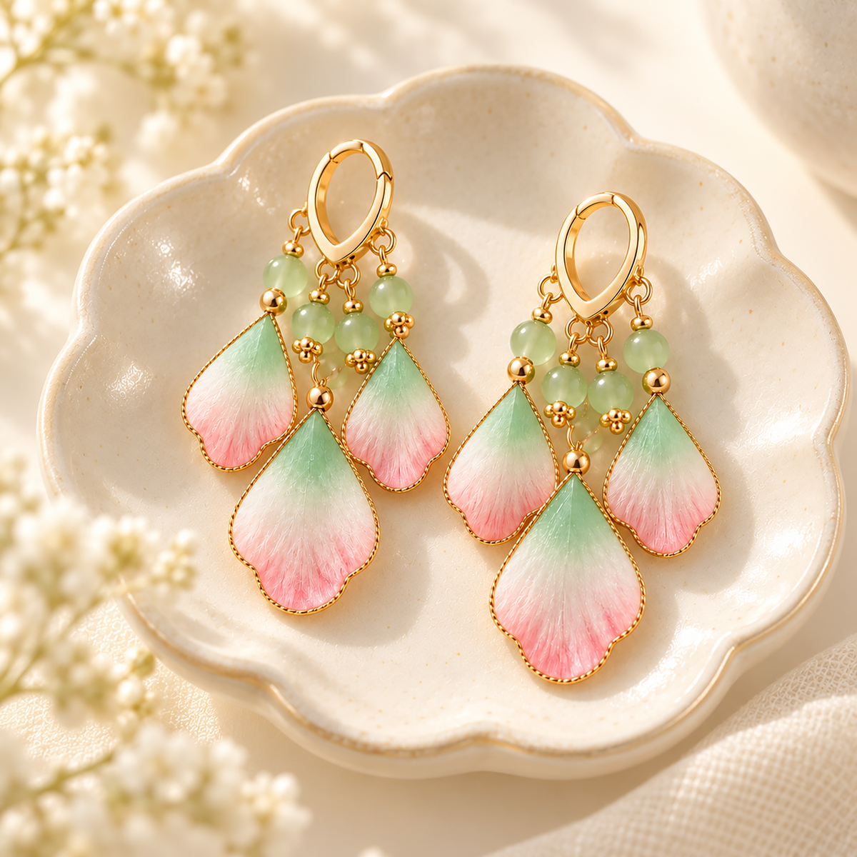 Three pink, ivory and green silk petals suspended from each gold-tone hoop on a white dish