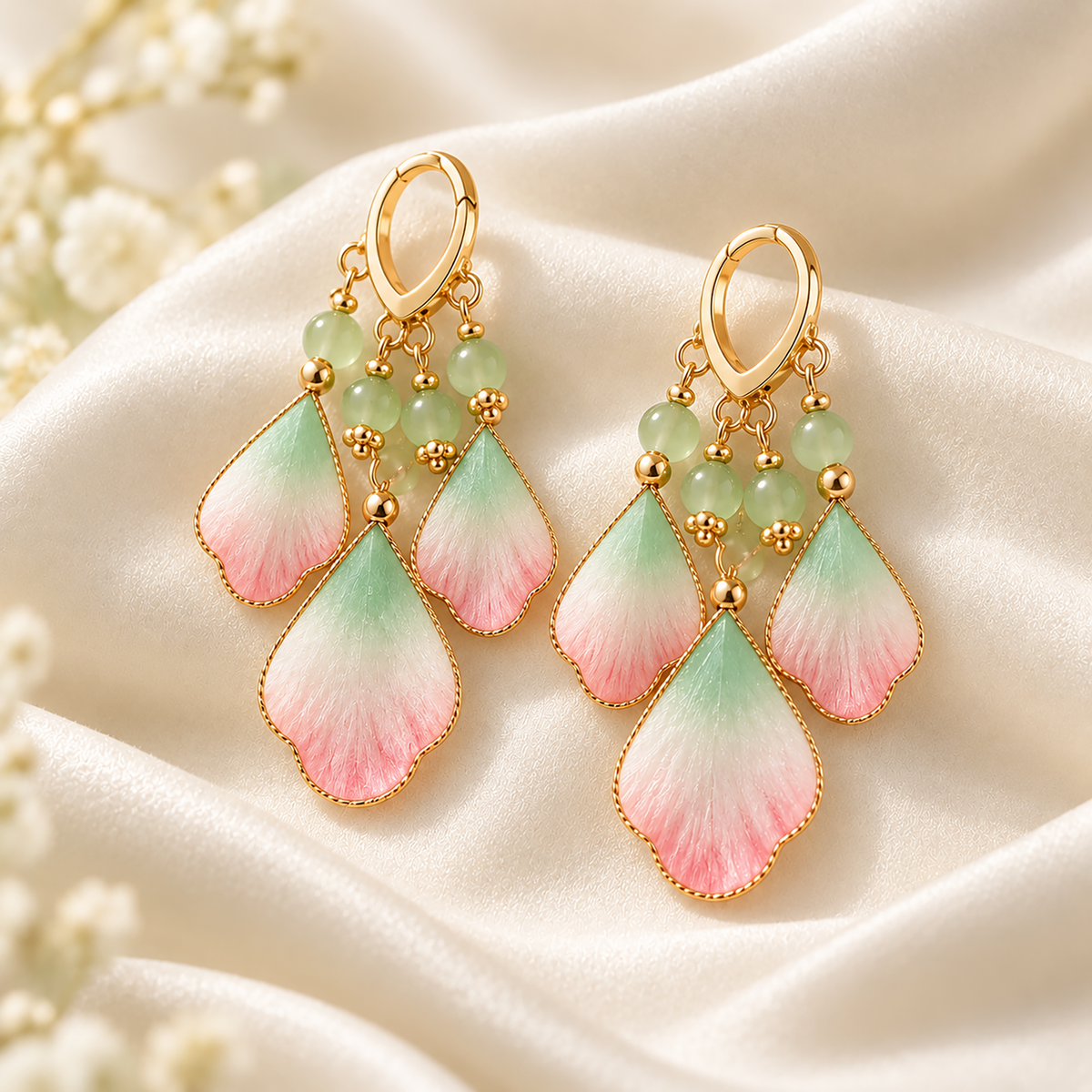 Three pink, ivory and green silk petals suspended from each gold-tone hoop on ivory satin