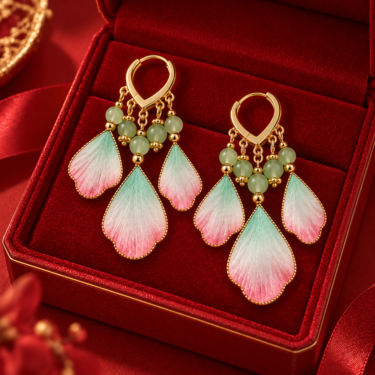Three pink, ivory and green silk petals suspended from each gold-tone hoop inside a red jewellery box