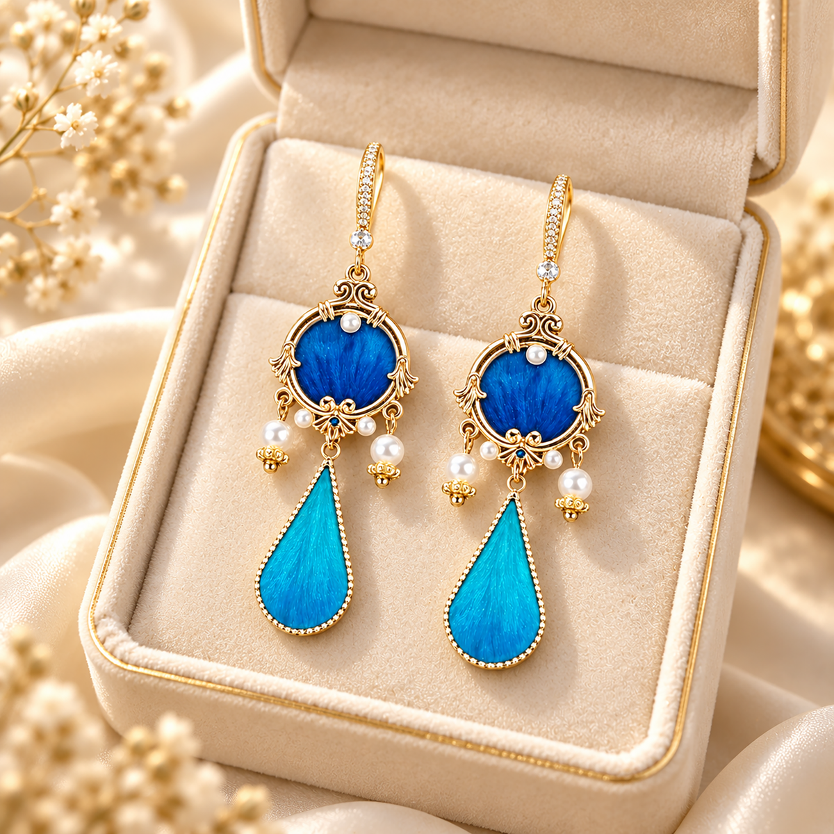 Blue circular silk motifs and turquoise teardrops in gold-tone frames in an ivory jewellery box