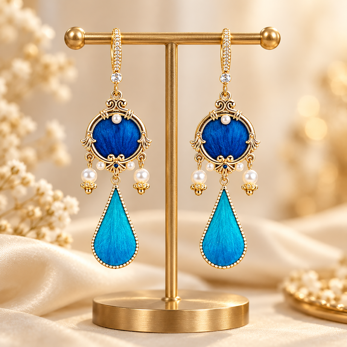 Blue circular silk motifs and turquoise teardrops in gold-tone frames on a gold-tone display stand