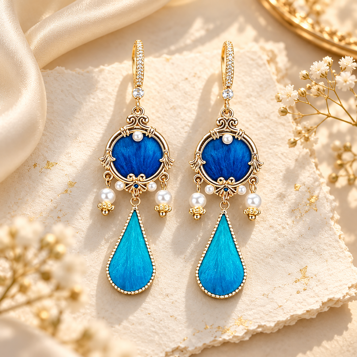 Blue circular silk motifs and turquoise teardrops in gold-tone frames on pale stone beside ivory fabric
