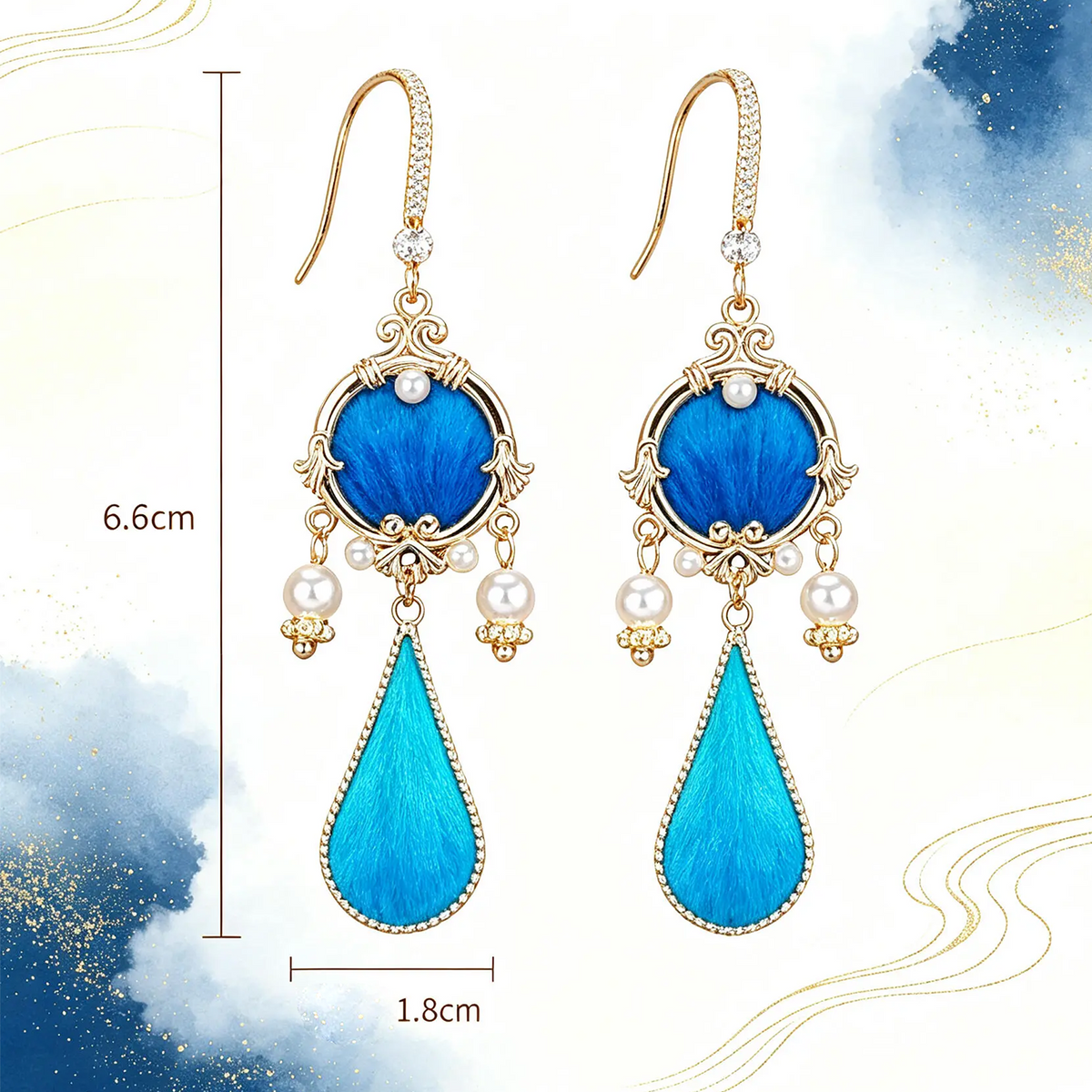 Blue circular silk motifs and turquoise teardrops in gold-tone frames size guide showing 6.6 by 1.8 cm