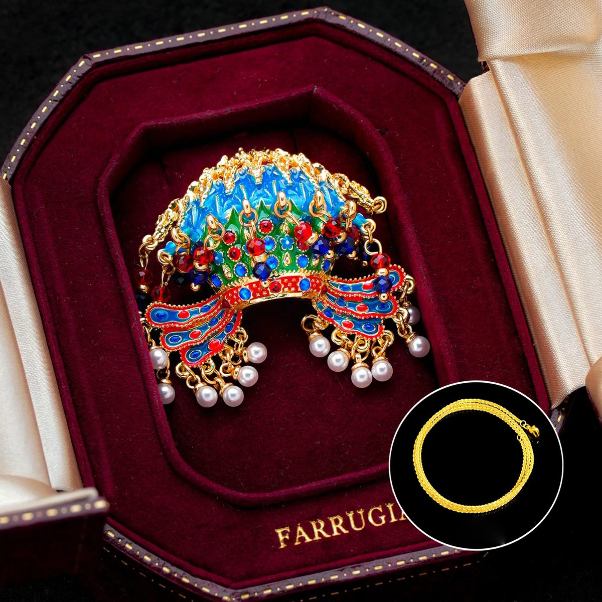 Nine Dragons and Nine Phoenixes Crown Sweater Brooch in presentation box