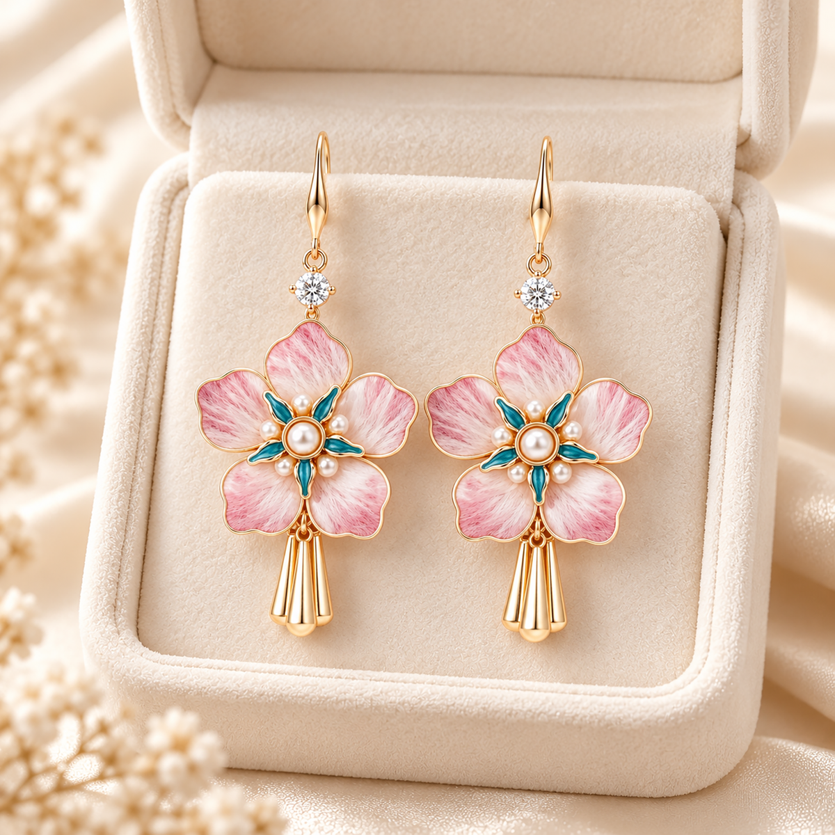 Five-petal pink silk blossoms with teal centres and gold-tone tassels inside an ivory jewellery box