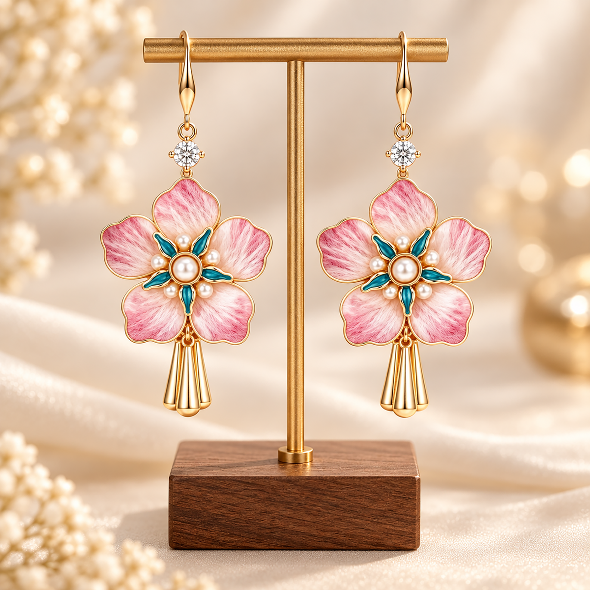 Five-petal pink silk blossoms with teal centres and gold-tone tassels on a stand with a wooden base
