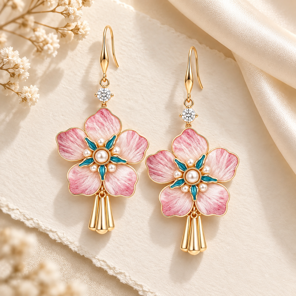 Five-petal pink silk blossoms with teal centres and gold-tone tassels on cream stone beside satin