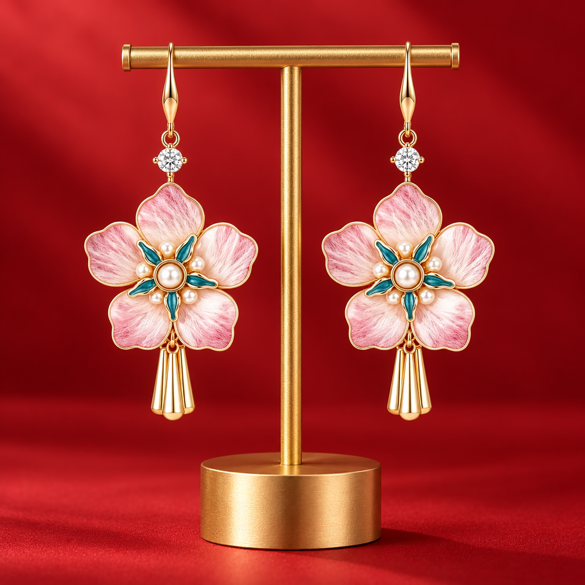 Five-petal pink silk blossoms with teal centres and gold-tone tassels on a stand against red fabric
