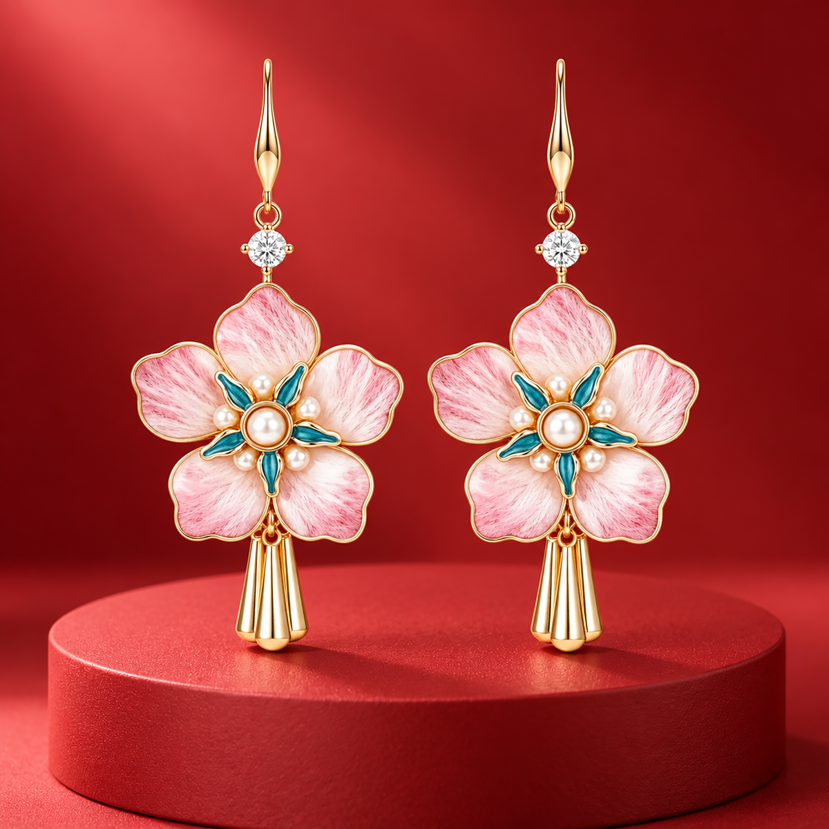 Five-petal pink silk blossoms with teal centres and gold-tone tassels on a red plinth