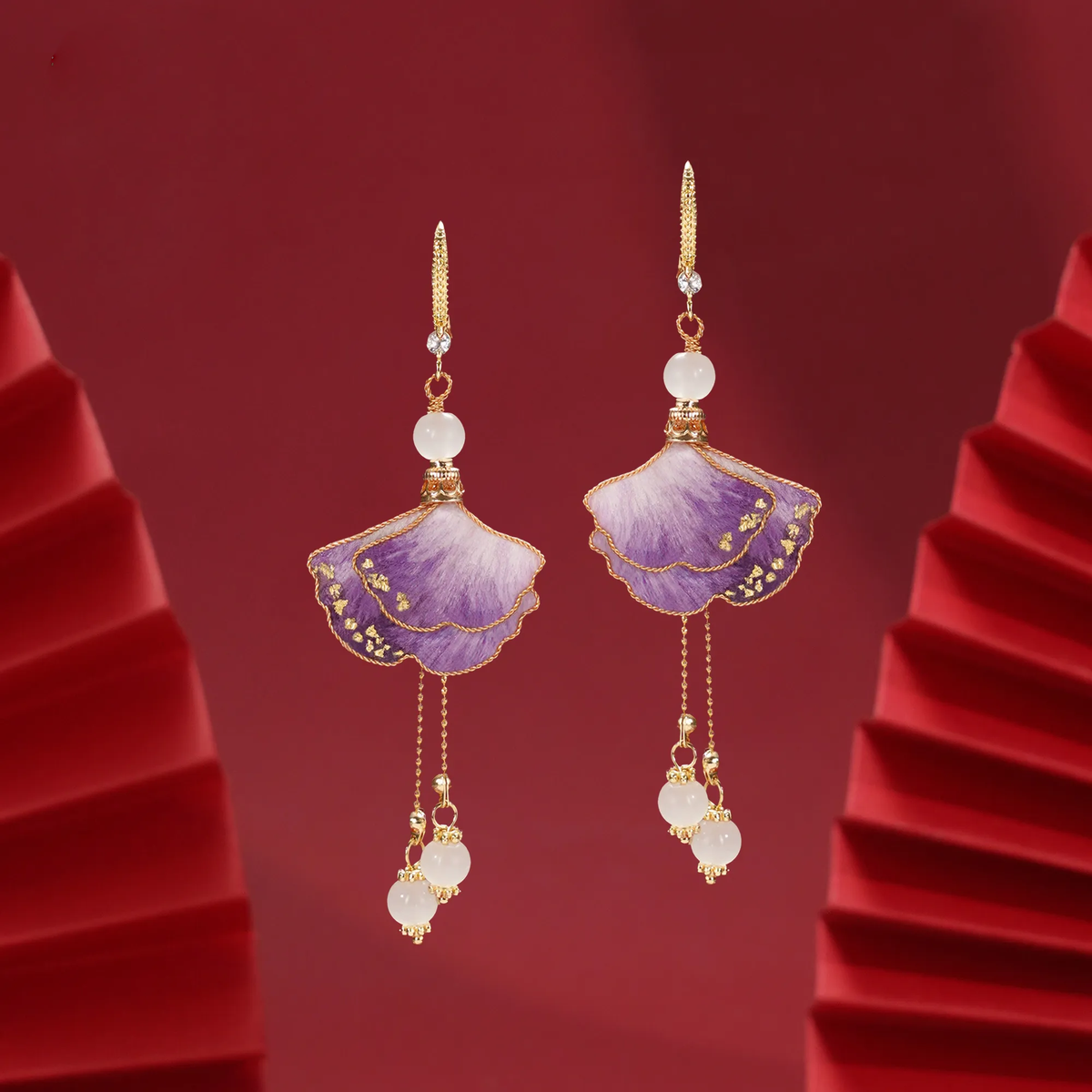 Purple layered ginkgo Ronghua earrings with bead-tipped chain drops