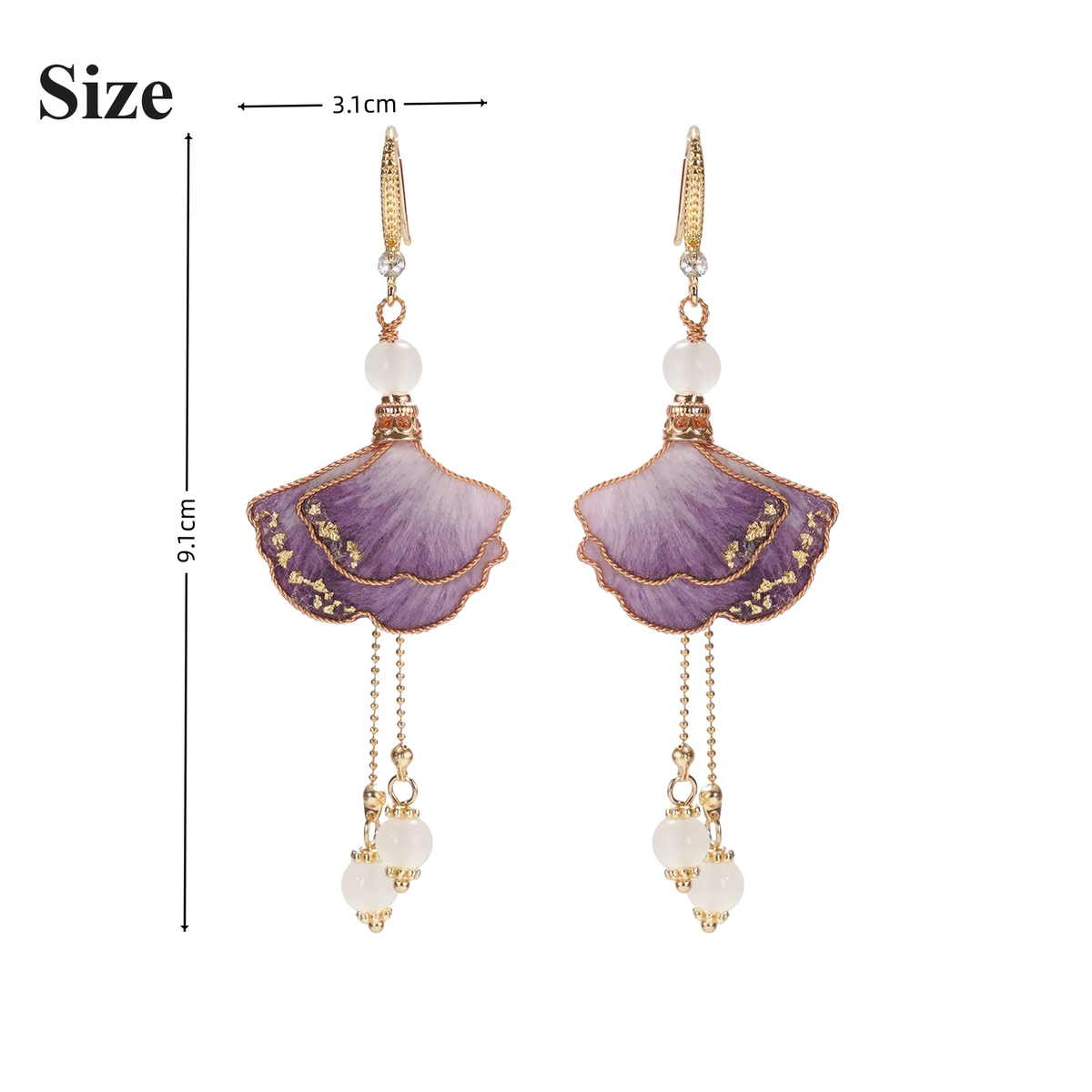 Purple ginkgo Ronghua drop earrings size guide showing 9.1 cm by 3.1 cm