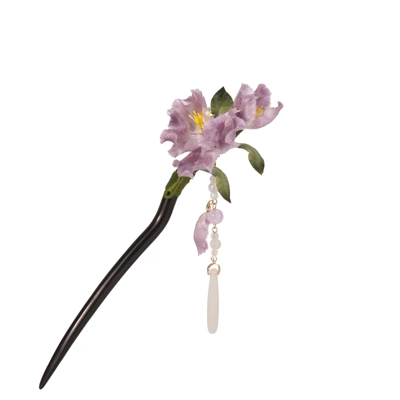 Purple Iris Ronghua Hairpin on a styled background