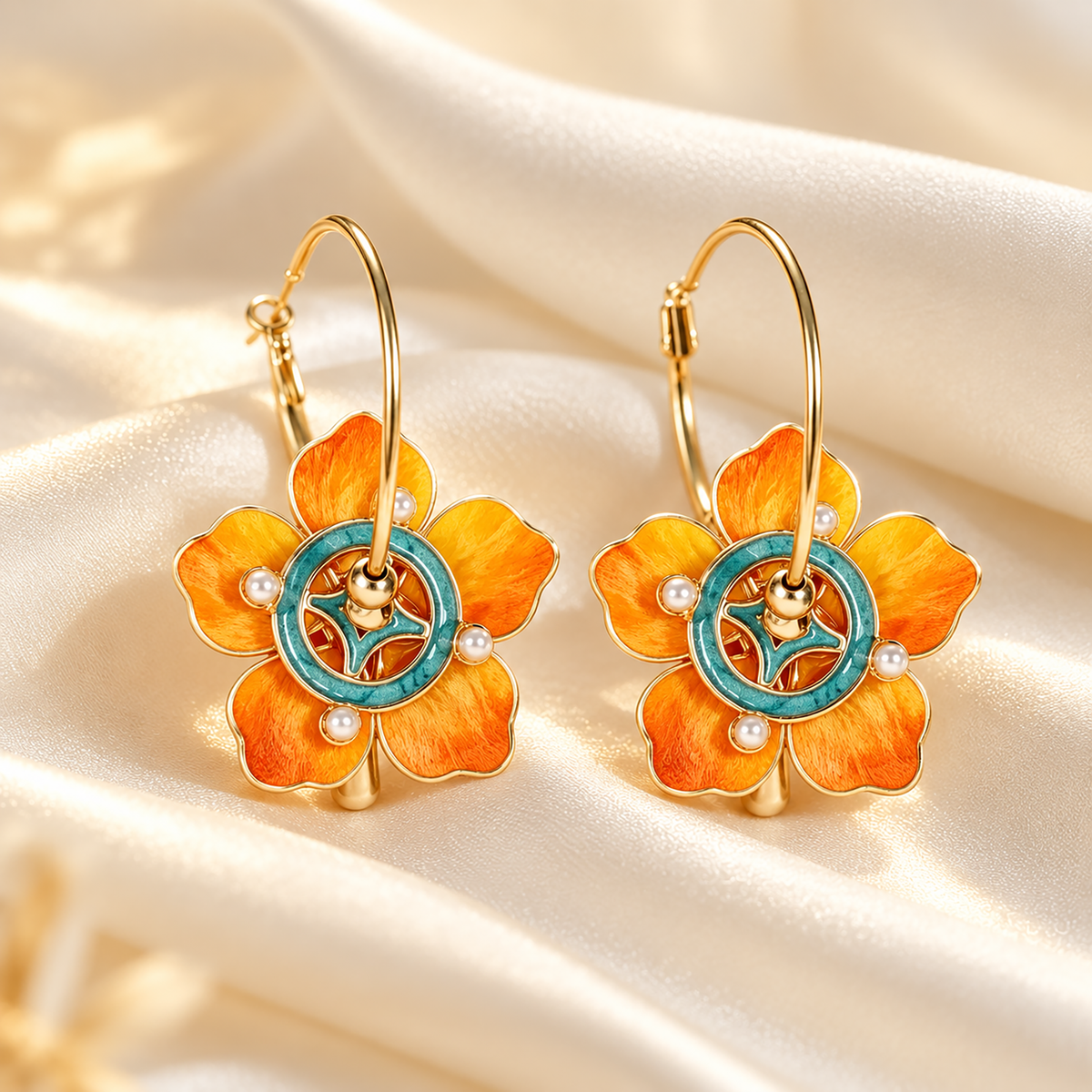 Orange silk flowers with teal circular centres on gold-tone hoops on ivory satin