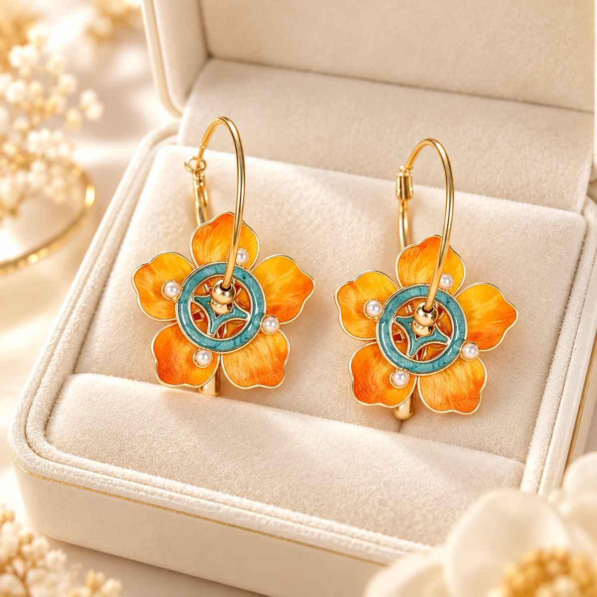 Orange silk flowers with teal circular centres on gold-tone hoops inside an ivory jewellery box