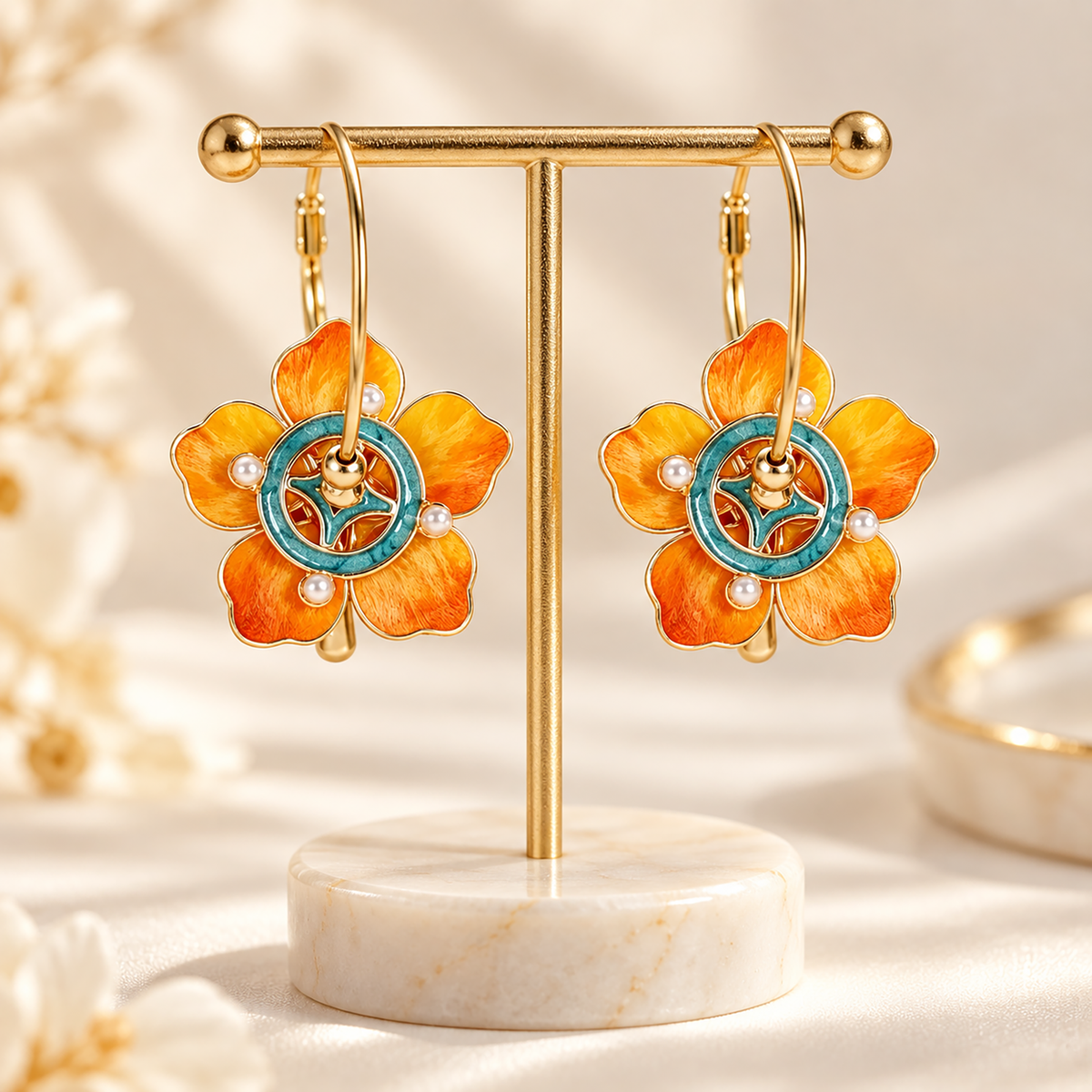 Orange silk flowers with teal circular centres on gold-tone hoops on a gold-tone display stand