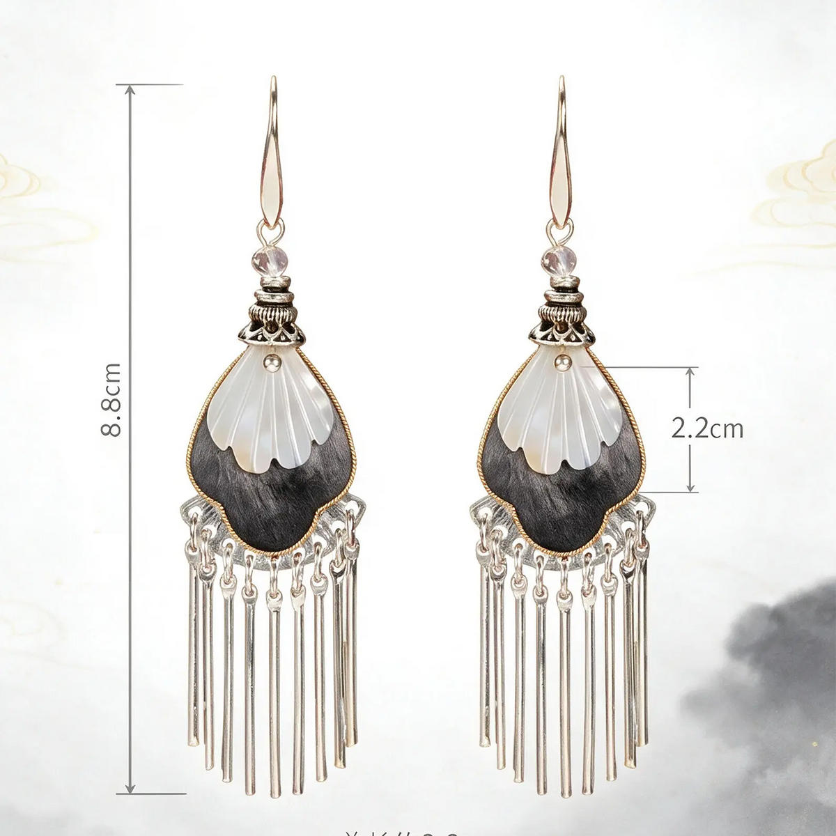 Black and ivory silk teardrops with silver-tone fringe size guide showing 8.8 cm length and 2.2 cm white accent