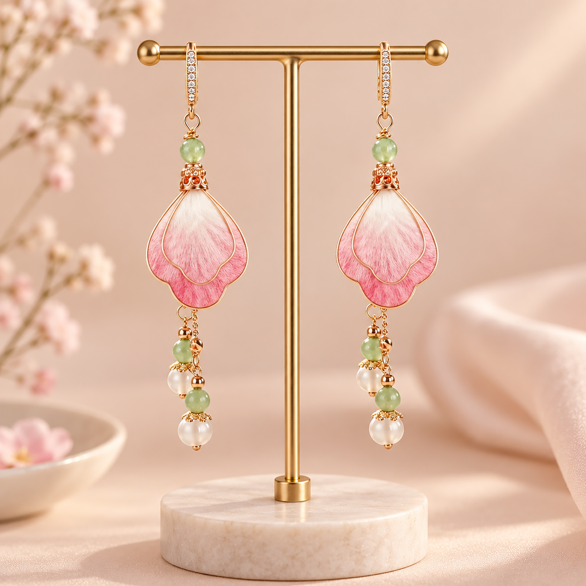 Layered pink and ivory silk petals with green and white bead drops on a gold-tone display stand