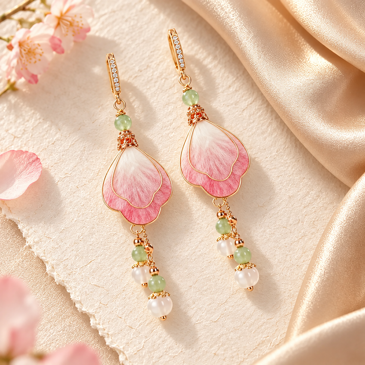 Layered pink and ivory silk petals with green and white bead drops on cream stone beside satin