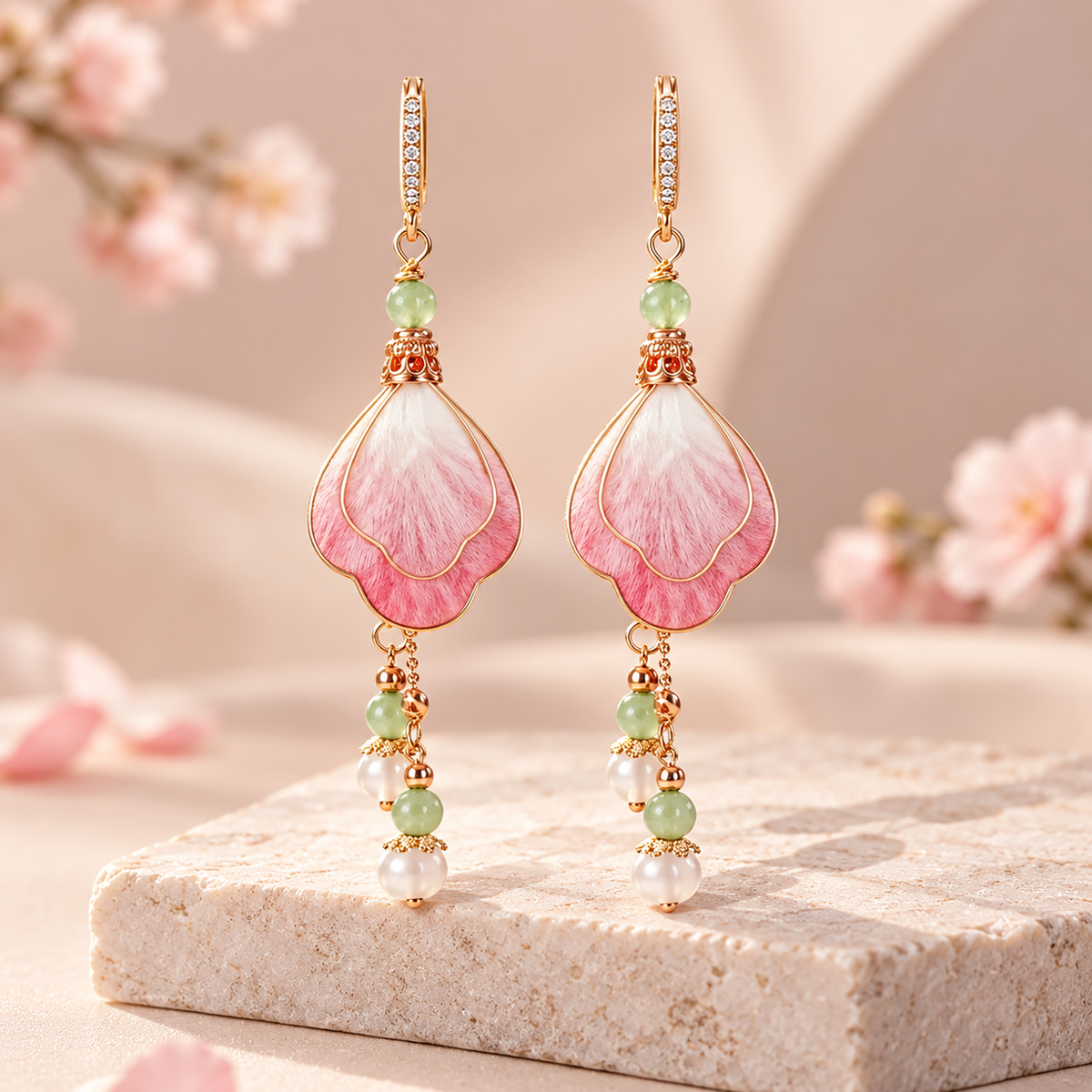 Layered pink and ivory silk petals with green and white bead drops displayed upright on pale stone