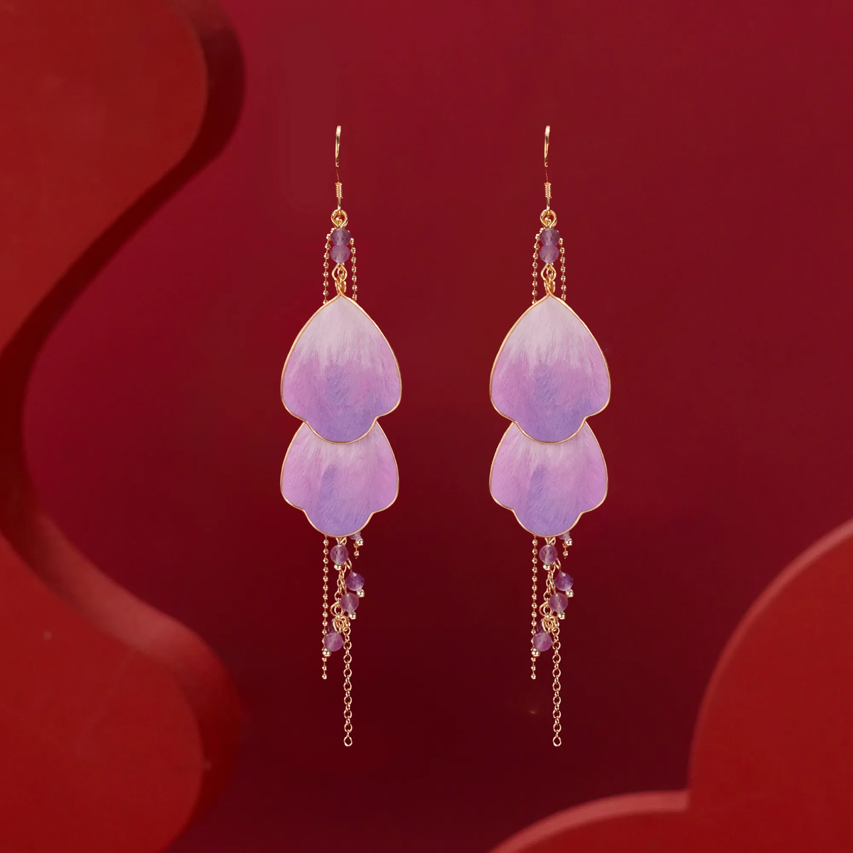 Pair of Wisteria Prelude purple Ronghua drop earrings with layered silk petals and delicate dangling gold tassels
