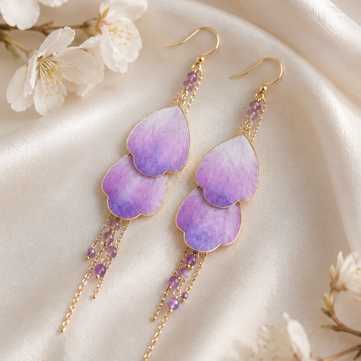 Wisteria Prelude Ronghua drop earrings with purple mulberry silk petals and delicate gold tassels