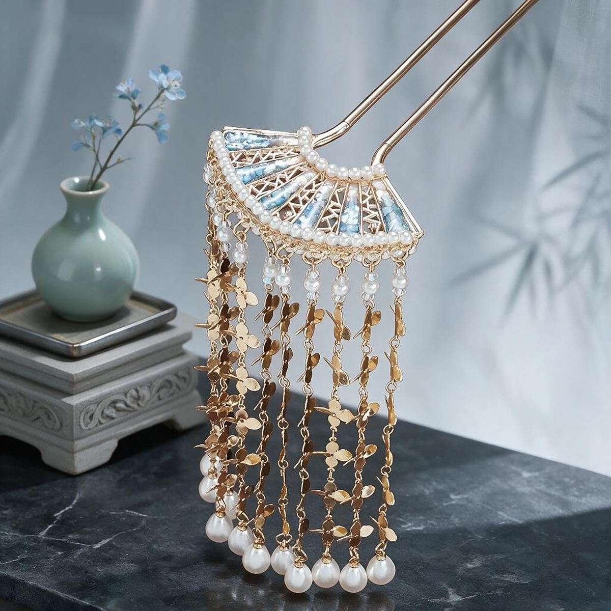 Yaoguang Fan Tassel Hairpin with long suspended tassels